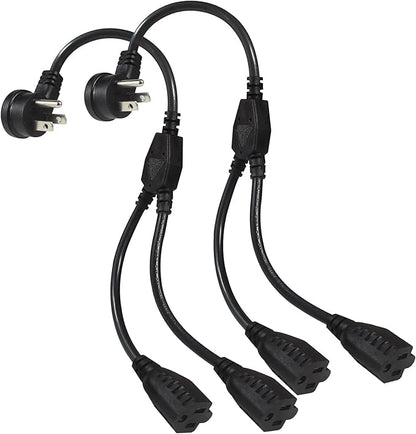 Power Extension Cord Y Splitter - 1FT Right Angled Type Flat Plug NEMA 5-15P 1 to 2 Way Outlet NEMA 5-15R SJT 16AWG 3 Prong Low Profile Black AC Power Cable Wire Extender for Home Office (2-Pack)