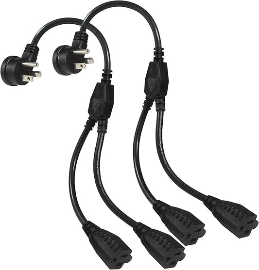 Power Extension Cord Y Splitter - 1FT Right Angled Type Flat Plug NEMA 5-15P 1 to 2 Way Outlet NEMA 5-15R SJT 16AWG 3 Prong Low Profile Black AC Power Cable Wire Extender for Home Office (2-Pack)