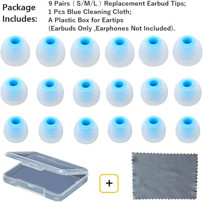 Earbud Tips Replacement Earbud Tips Ear Bud Replacement Pieces Silicone Soft and Comfortable Fit for Inner Hole from 3.8mm - 5.1mm Earphones 9 Pairs S/M/L Clear Blue
