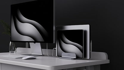 Dual Aluminum Vertical Laptop Stand Organizer, Sturdy Notebook Computer Holder Stand Compatible with New Liquid Retina XDR Apple MacBook Air/Pro, Mac mini, Apple TV and iPad Pro - Spacegray