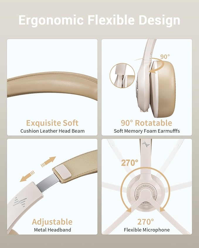 Wireless Headset with AI Noise Cancelling Microphone Bluetooth Headset - Bluetooth V5.2 Headphones with USB Dongle, Charging Base & Mic Mute for Computer/Laptop/PC/iPhone/Android/Cell Phones-White