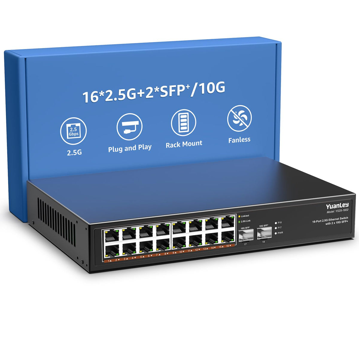 YuanLey 8-Port 10G Ethernet Switch, 8 x 10Gbps RJ45 Ports, Support 10G/5G/2.5G/1G/100Mbps Speed Auto-Negotiation, 160Gbps Switching Capacity, Unmanaged Switch Rackmountable, Plug and Play