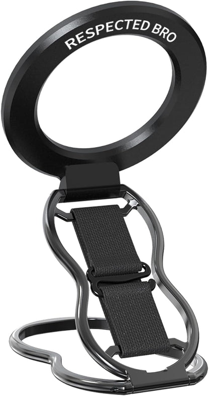 RESPECTED-BRO-Magnetic-Phone-Grip-Stand-with-Finger-Strap, 4-in-1 Magnetic Ring Holder, Kickstand and Elastic Strap for Smartphones, Universal Fit for iPhone, Android, and Cases (Black)