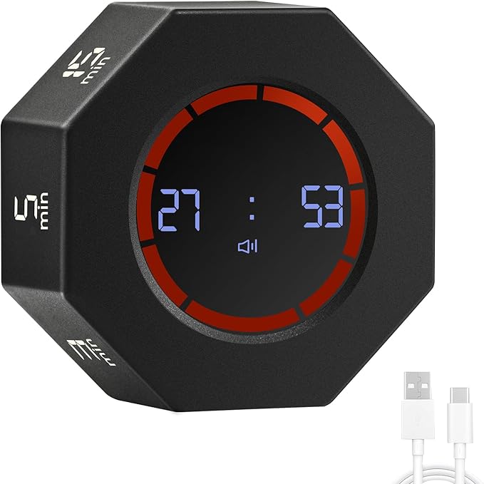 Rechargeable Pomodoro Timer, 8-Angle Auto-Rotating Screen with Gravity Sensor, Digital Timers for Classroom, Small Kitchen Timers for Cooking, Work and Study (Space Gray)