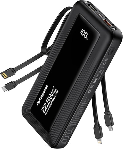 Portable Charger with Built in Cables, Slim 10000mAh Fast Charging 22.5W Power Bank USB C LED Display Battery Pack 6 Outputs & 2 Inputs for iPhone Samsung Pixel LG Moto iPad