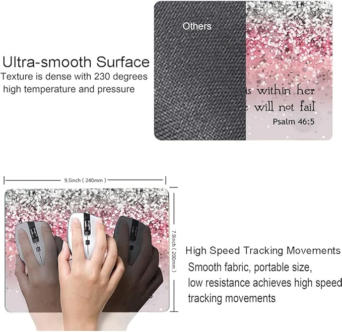 Mouse Pad, Bible Verse Pink Sparkles Glitter Mouse pad, Square Waterproof Mouse Pad Non-Slip Rubber Base MousePads for Office Laptop, (Psalm 46:5 God is Within Her,She Will not Fall)