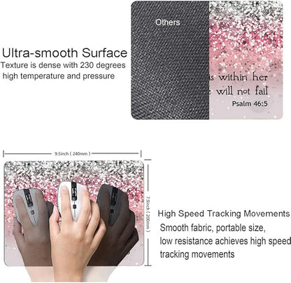 Mouse Pad, Bible Verse Pink Sparkles Glitter Mouse pad, Square Waterproof Mouse Pad Non-Slip Rubber Base MousePads for Office Laptop, (Psalm 46:5 God is Within Her,She Will not Fall)