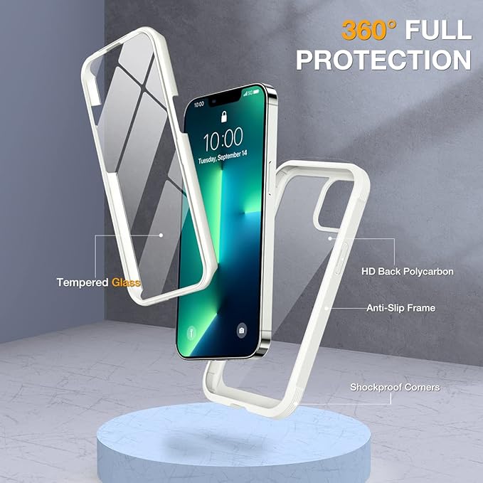 Miracase Glass Case for iPhone 13 Pro Max 6.7 inch, Upgrade Full-Body Clear Bumper Case with Built-in 9H Tempered Glass Screen Protector for iPhone 13 Pro Max, Rice White