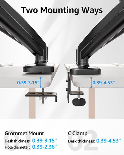 MOUNTUP Dual Monitor Stand for Desk, Pneumatic Monitor Arms for 2 Monitors Max 32 Inches, Height Adjustable Double Monitor Mount, VESA Mounts with C-Clamp & Grommet Base, Holds 4.4-17.6lbs, Black