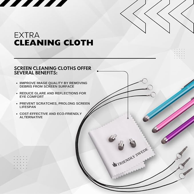The Friendly Swede Mesh Tip Stylus Pen for Touchscreen — 3-Pack Micro-Knit Capacitive Stylus Pen for iPad & iPhone with 3 Replaceable Fiber Tips, Elastic Lanyards & Screen Cleaning Cloth