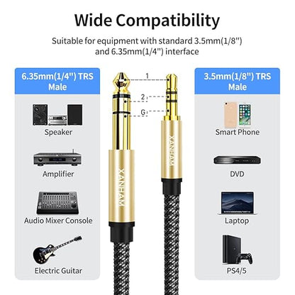 3.5mm to 1/4 Stereo Audio Cable 3.3 Feet /1M, 1/8" to 6.35mm 1/4" TRS Male Aux Cord Double Shielded with Braiding for Guitar, Amplifiers, PC, Home Theater, Speaker, etc.