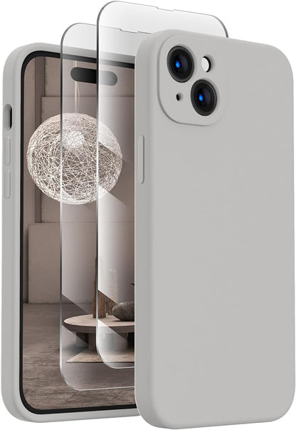 FireNova Designed for iPhone 15 Plus Case, Silicone [Camera Protection] Case with [2 Screen Protectors], Soft Anti-Scratch Microfiber Lining Inside, 6.7 inch, Natural Titanium