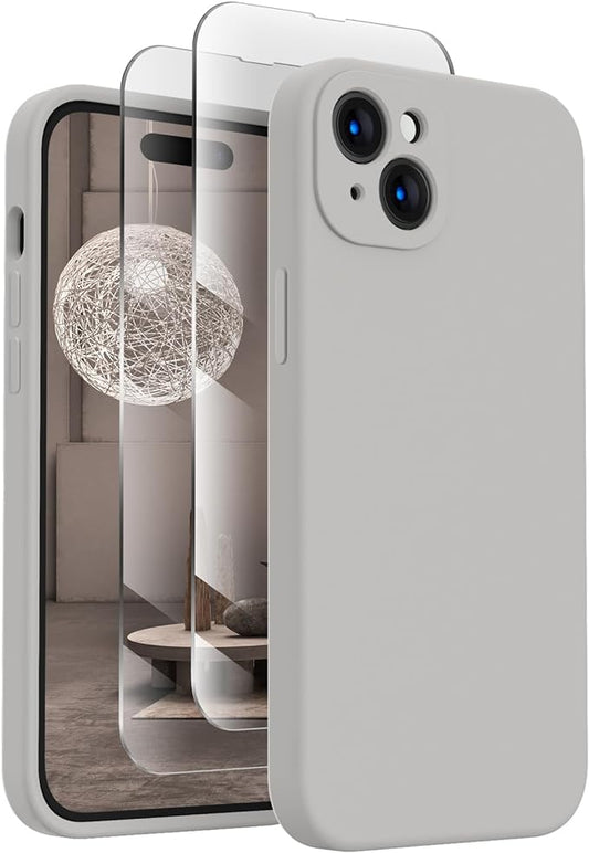 FireNova Designed for iPhone 15 Plus Case, Silicone [Camera Protection] Case with [2 Screen Protectors], Soft Anti-Scratch Microfiber Lining Inside, 6.7 inch, Natural Titanium