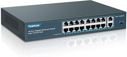 YuanLey 16 Port Gigabit PoE Switch with 2 Gigabit Uplink, 16 PoE+ Port 1000Mbps, 250W 802.3af/at, Metal Desktop/Rackmount, Unmanaged Plug and Play Network Switch