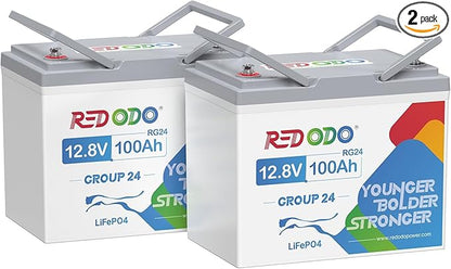 Redodo 2 Pack 12V 100Ah Group 24 Battery, 1280Wh Deep Cycle LiFePO4 Battery with 100A BMS, 4000+ Cycles Lithium Rechargable Battery for All RVs, Van, Camper, Solar Power Storage, Off-Grid
