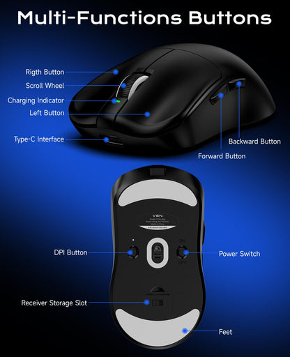 VGN Dragonfly F1 Pro Max Wireless Gaming Mouse, 130h Playtime Long Endurance, 55g Lightweight, PAW3395 26K DPI Flagship Sensor, 4000Hz Polling Rate Supported, Low Latency Esports Peripherals, Black