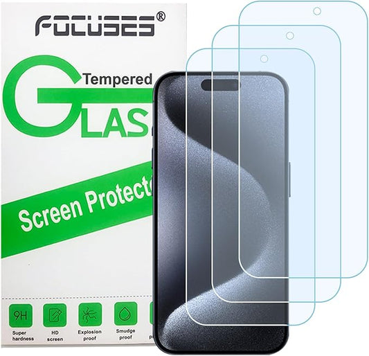 Focuses Anti Blue Light Screen Protector for iPhone 15pro & iPhone 15 [3 Pack] 9H+ Anti Blue Light Tempered Glass, Anti-Scratch, Case Friendly
