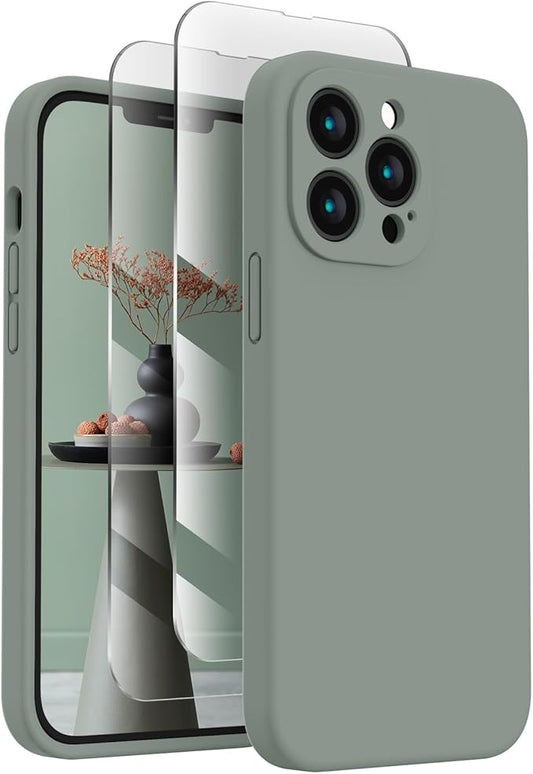 FireNova Designed for iPhone 13 Pro Case, Silicone Upgraded [Camera Protection] Phone Case with [2 Screen Protectors], Soft Anti-Scratch Microfiber Lining Inside, 6.1 inch, Calke Green