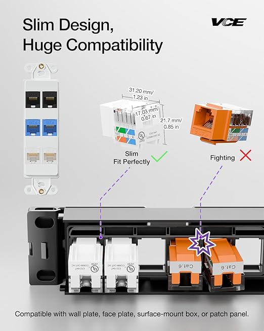 VCE UL Listed 10Gbps Cat6 Keystone Jack Insert 25-Pack, 90 Degree Punch Down RJ45 Keystone Jack Adapter Slim Profile for Patch Panel and Wall Plate