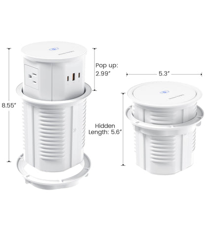 Pop up Outlet for Countertop with 15W Wireless Charger,65W USB C Charging Station,4 Outlets,2 USB C,USB A,Tamper Resistant Receptacle,4.7-inch Hole Power Grommet,Desk Recessed Outlet,White