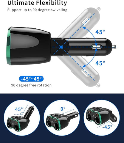 [2025 Upgraded] Cigarette Lighter Splitter, SUPERONE 180W 2-Socket Cigarette Lighter Adapter with Dual QC3.0 and 20W PD USB C Car Charger Splitter for GPS/Dash Cam/Laptop/iPad/iPhone 16/15/14/13/12/11