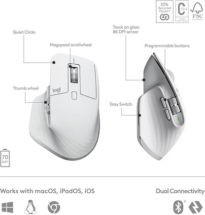 Logitech MX Master 3S Keys S Combo - Performance Wireless Keyboard and Mouse with Palm Rest, Customizable Illumination, Fast Scrolling, Bluetooth, USB C, for Windows, Linux, Chrome, Mac - Pale Grey