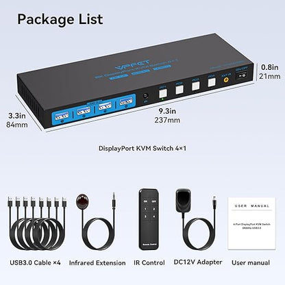 8K@60Hz DisplayPort KVM Switch 4 Computers 1 Monitor USB3.0 4K120Hz 4 Ports DP KVM Switches 4 in 1 Out for 4 Computers Share 1 Monitor and Keyboard Mouse etc. with 4 USB Cable and Controller