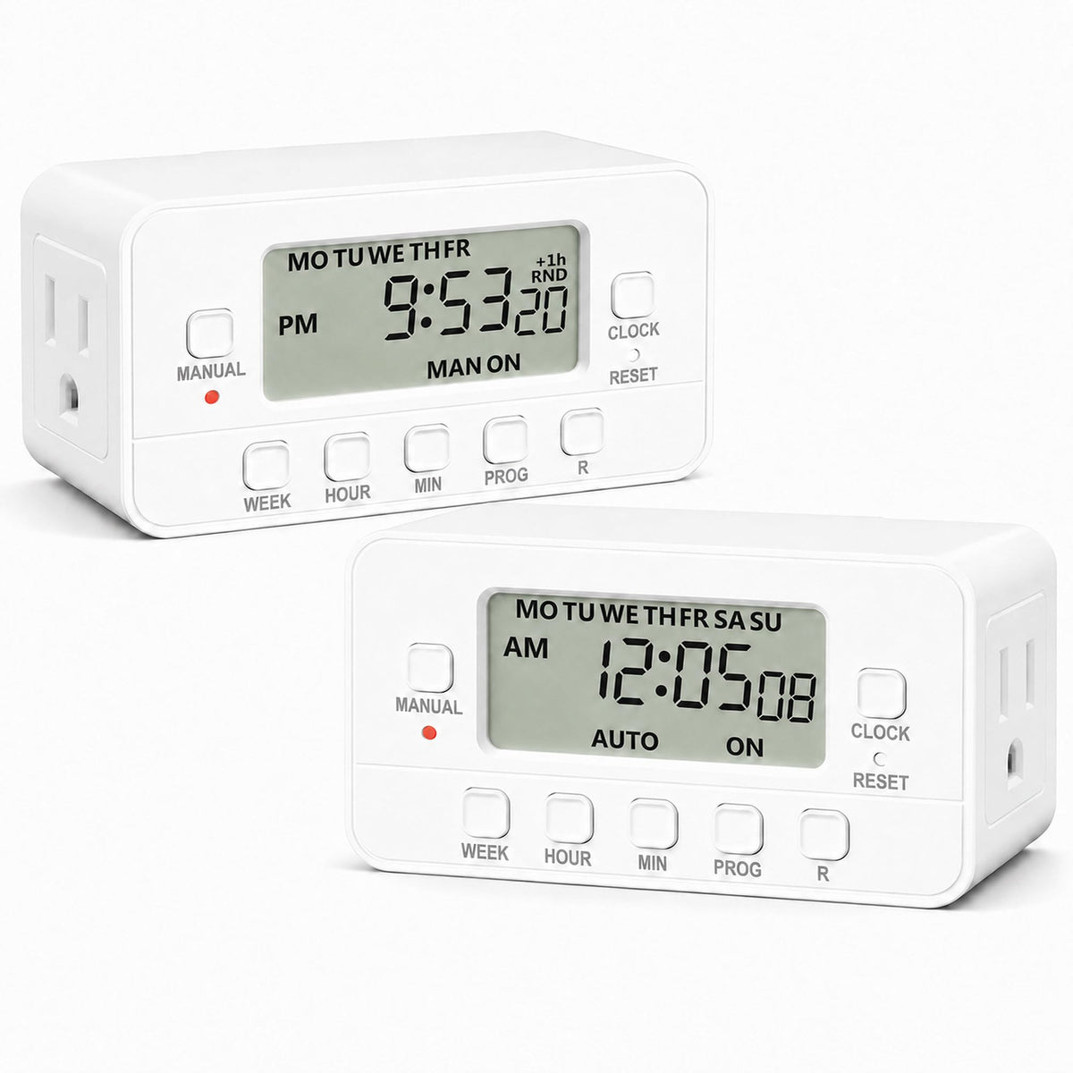 BN-LINK 7-Day Heavy Duty Digital Timer with Dual Outlet, LCD Display, 3-Prong Programmable Design, for Lights, Fans, Coffee Machine, Home, Office, Indoor Use, 125V 15A 1875W, 2 Pack