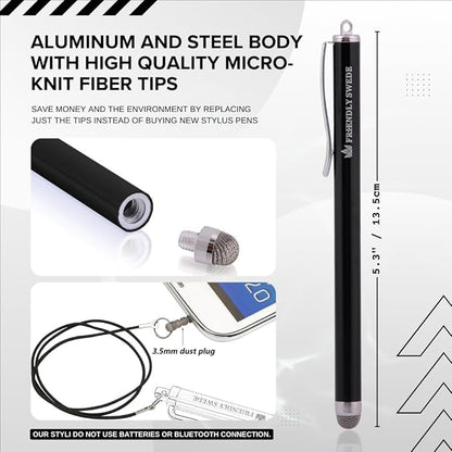 The Friendly Swede Mesh Tip Stylus Pen for Touchscreen — 3-Pack Micro-Knit Capacitive Stylus Pen for iPad & iPhone with 3 Replaceable Fiber Tips, Elastic Lanyards & Screen Cleaning Cloth