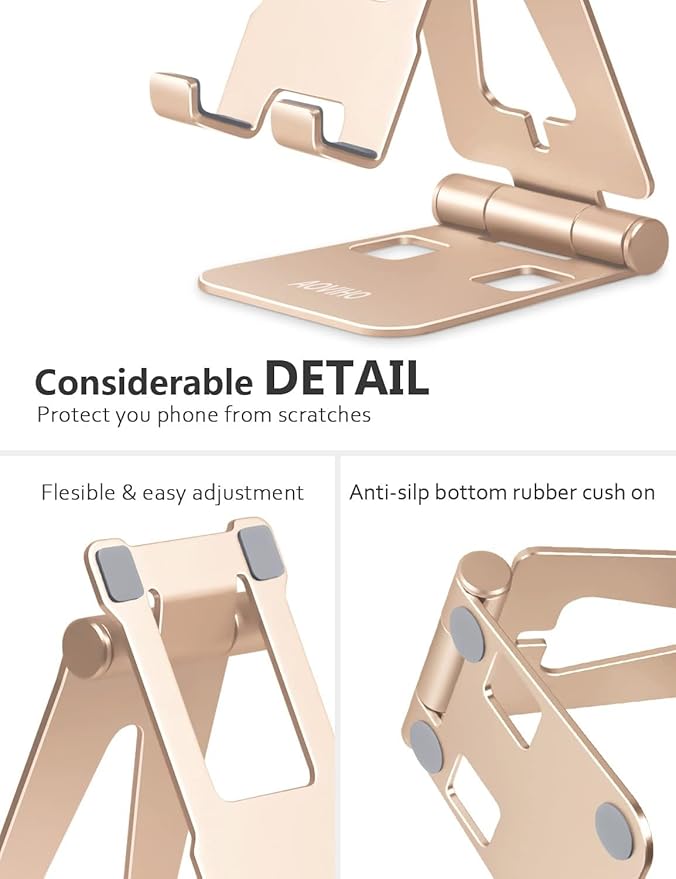 Cell Phone Stand for Desk, Adjustable Desktop Phone Holder Stand, Foldable Moblie Phone Dock for iPhone 15 14 13 12 11 Pro Xs Max Xr X 8 7 6 5 5s SE Nintendo Switch All Phones,Gold