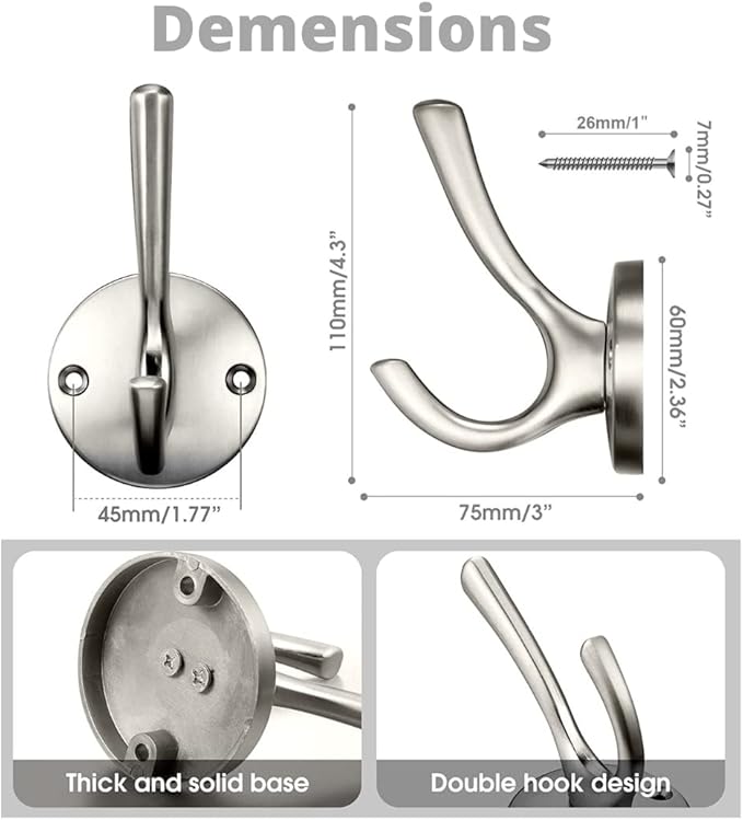 4 Pack Brushed Nickel Coat Hooks - Silver Robe & Towel Hooks for Bathrooms & Kitchen