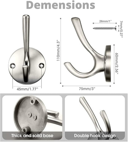 4 Pack Brushed Nickel Coat Hooks - Silver Robe & Towel Hooks for Bathrooms & Kitchen