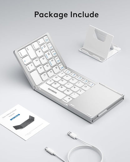 Samsers Foldable Bluetooth Keyboard with Touchpad - Portable Wireless Keyboard with Holder, Rechargeable Full Size Ultra Slim Pocket Folding Keyboards for Android Windows iOS Tablet & Laptop - Silver
