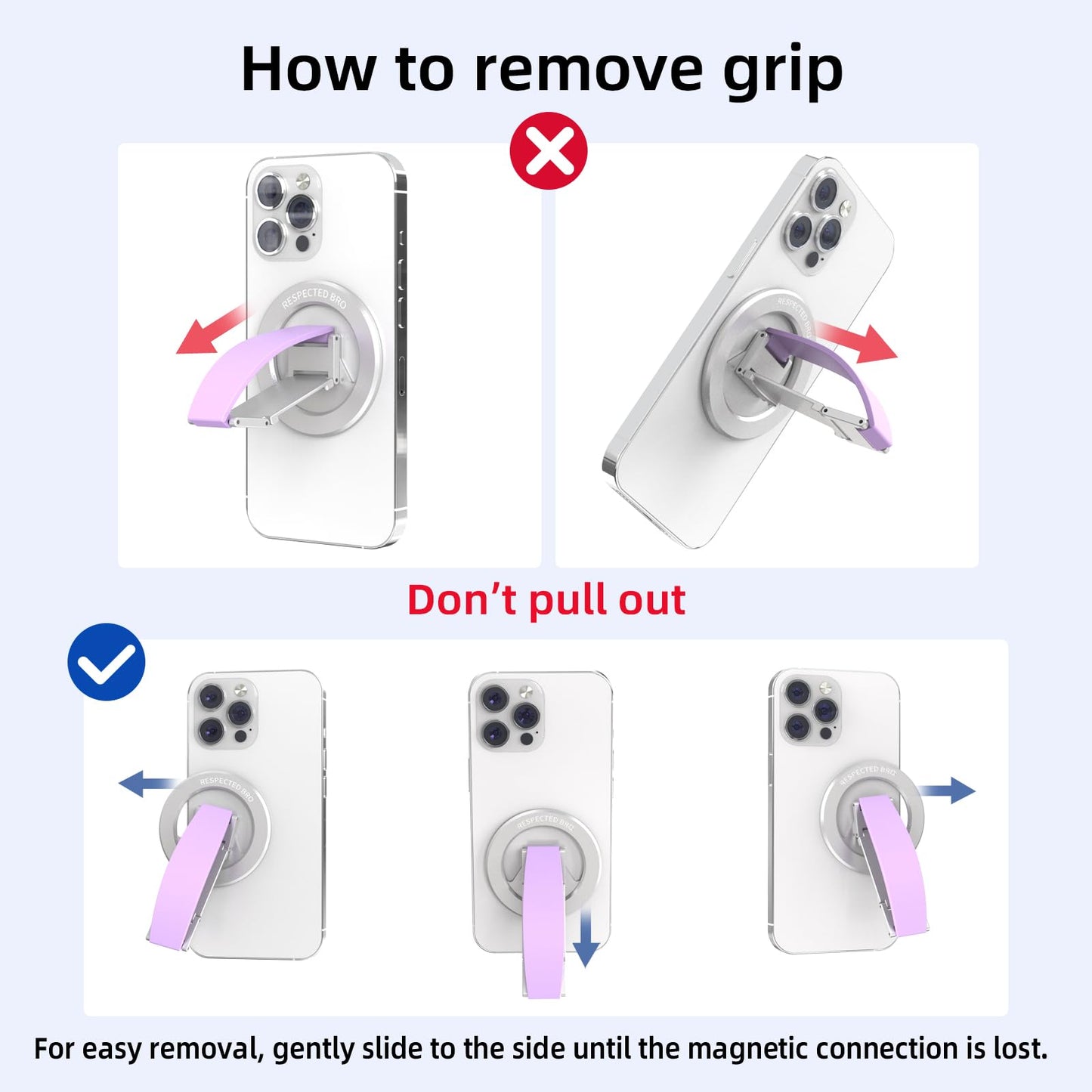 RESPECTED-BRO-Magnetic-Phone-Grip-Stand, Magnetic Phone Ring Holder Kickstand with Silicone Finger Strap, Compatibility for iPhone 17/16/15/14/13/12, Android, and More (Purple)