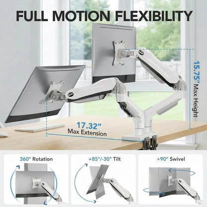HUANUO Dual Monitor Stand - Full Adjustable Monitor Desk Mount Swivel Vesa Bracket with C Clamp, Grommet Mounting Base for 13 to 32 Inch Computer Screens - Each Arm Holds 4.4 to 19.8lbs - White