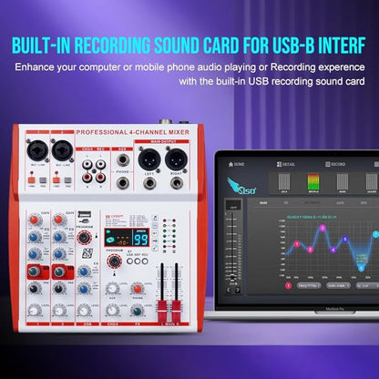 mw-4 white 4Channel Audio Mixer with 99 Sound Effects for PC,Portable Sound Mixing Console with BT USB Recording Input for Live Streaming,Podcasting
