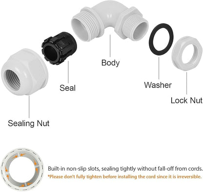 LeMotech M12 Cable Gland, 90 Degree Adjustable 4-8mm Strain Relief, Cord Connectors Nylon Joints with Gaskets, 2 Pcs, Grey