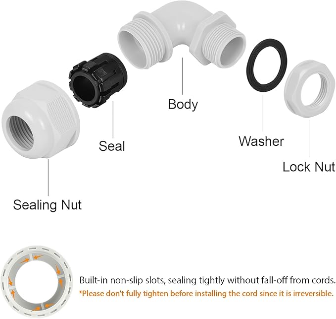 LeMotech M32 Cable Gland, 90 Degree Adjustable 18-25mm Strain Relief, Cord Connectors Nylon Joints with Gaskets, 2 Pcs, Grey