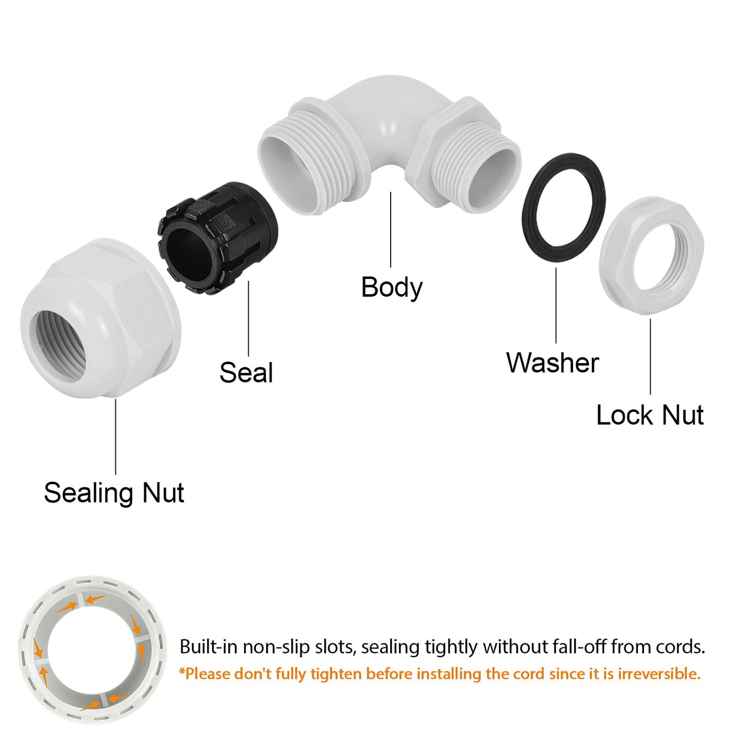 LeMotech M25 Cable Gland, 90 Degree Adjustable 13-18mm Strain Relief, Cord Connectors Nylon Joints with Gaskets, 2 Pcs, Grey