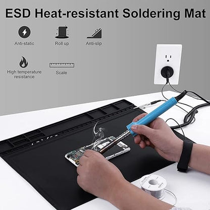 Premium Heat Resistant 932°F Anti Static Mat, HPFIX ESD Mat with Grounding Wire, Grounding Plug, and ESD Wristband, Silicone Soldering Repair Mat for Computer, PC Building, Eelectronics