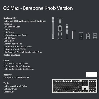 Keychron Q6 Max QMK/VIA Wireless Custom Mechanical Keyboard Barebone Knob Version, Full-Metal Hot-Swappable RGB Backlight 2.4 GHz/Bluetooth/Type-C Wired Gaming Keyboard for Mac/Windows/Linux - White