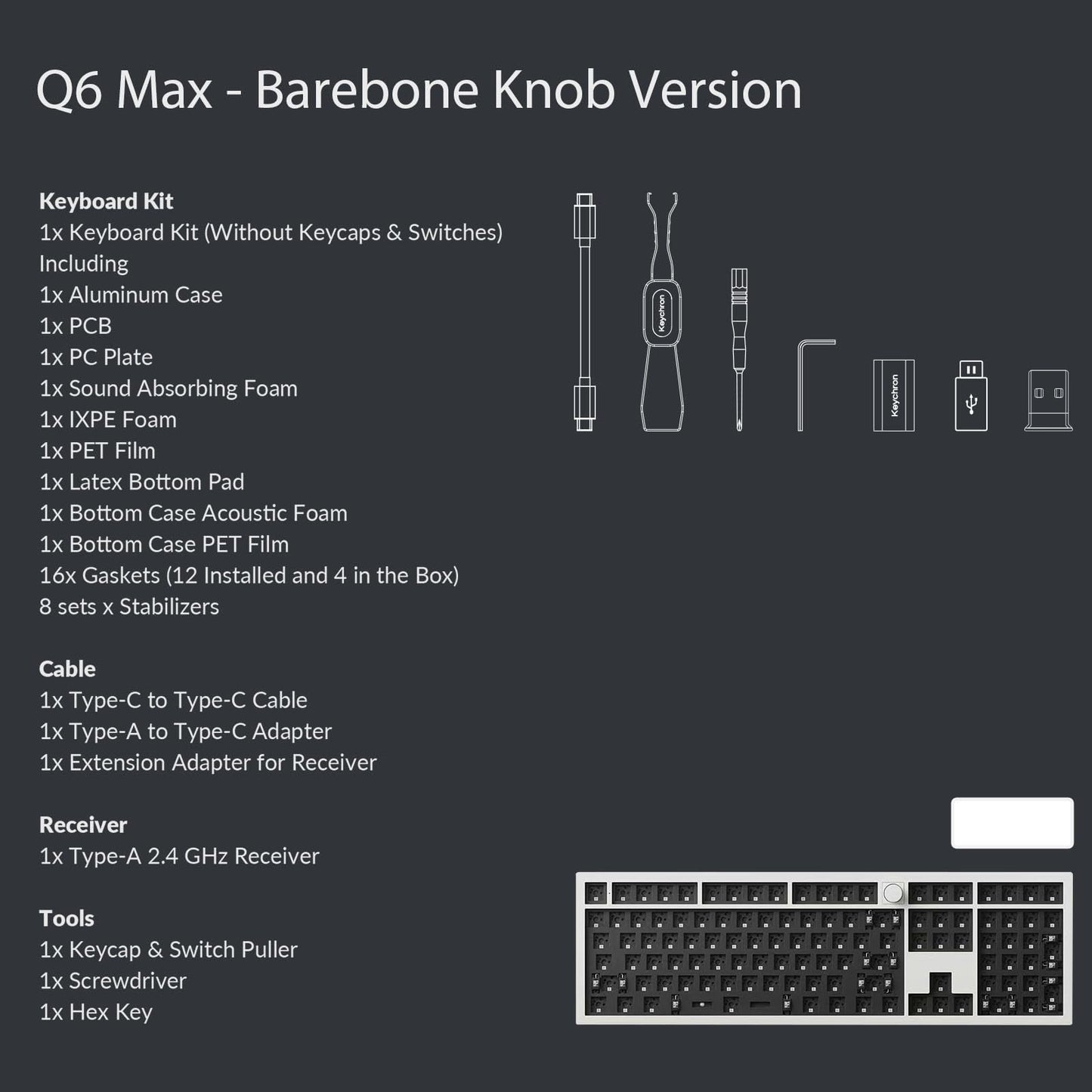 Keychron Q6 Max QMK/VIA Wireless Custom Mechanical Keyboard Barebone Knob Version, Full-Metal Hot-Swappable RGB Backlight 2.4 GHz/Bluetooth/Type-C Wired Gaming Keyboard for Mac/Windows/Linux - White