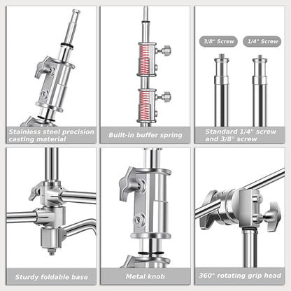 Heavy Duty C Stand with Boom Arm, Stainless Steel Heavy Duty Photography Light Stand, Adjustable Height 4.9ft-10.8ft, with 4.1ft Holding Arm, for Reflector, Umbrella, Softbox, Monolight