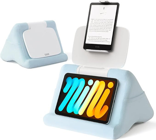 SAIJI Tablet Pillow Stand - iPad mini Kindle Holder for Lap in Bed, with Lifter & Angle Adjustable Multi-Function Clip for 4-13" Tablets, Blue