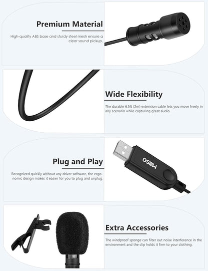 MillSO USB PC Microphone Plug & Play USB Lavalier Microphone Omnidirectional External Clip-on Mini USB Microphone for Computer, Laptop, YouTube, Recording, Podcasting, Gaming - 2M/6.5FT