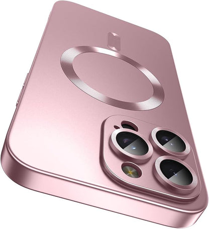 Magnetic for iPhone 16 Pro Max Case [Compatible with MagSafe][Built-in Camera Lens Protector] Slim Soft Silicone Bumper Shockproof Metallic Luster Phone Case (Rose Gold)