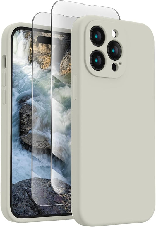FireNova for iPhone 14 Pro Case, Silicone Upgraded [Camera Protection] Phone Case with [2 Screen Protectors], Soft Anti-Scratch Microfiber Lining Inside, 6.1 inch, Stone