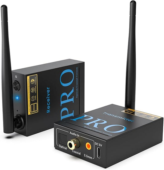 1Mii 2.4GHz Wireless Audio Transmitter and Receiver, HiFi Audio, 20ms Low Latency, 320ft Long Range Wireless Subwoofer Kit for Speaker/Stereo/Soundbar,Optical/Coaxial/3.5mm(RCA) Ports.
