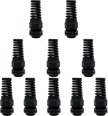 LeMotech 10Pcs NPT 3/4" IP68 Waterproof Cable Gland Flex Spiral Strain Relief Black Nylon Joint with Gaskets for 12.5-18mm Wire Thread