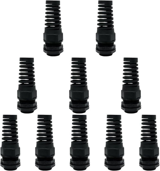 LeMotech 10Pcs NPT 3/4" IP68 Waterproof Cable Gland Flex Spiral Strain Relief Black Nylon Joint with Gaskets for 12.5-18mm Wire Thread